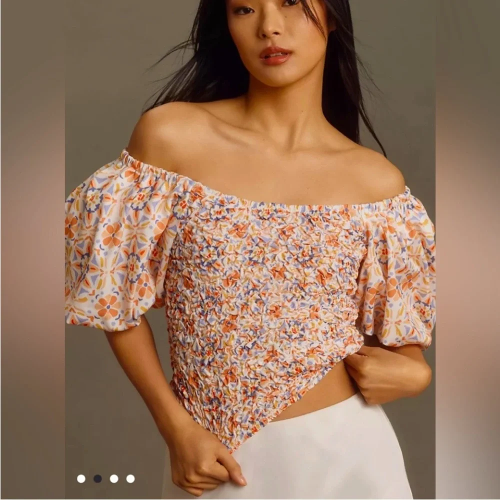 Anthropologie DOLAN Off The Shoulders Textured Floral Top Puff Sleeves Small